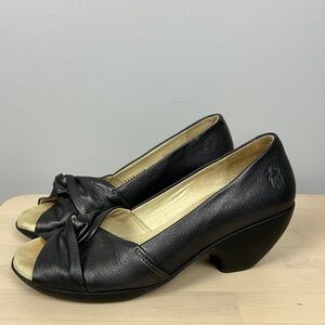 FLY LONDON Leather Wedge Peep Toe Shoes 8/38 Black Knot Detail Pin-Up